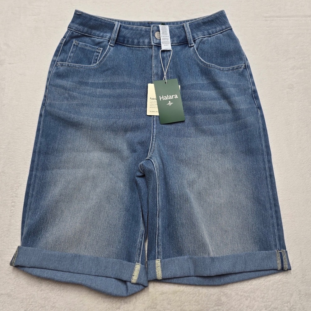 Halara High Waisted Cuffed Denim Bermuda Shorts Light Wash Y2K Women Small NWT